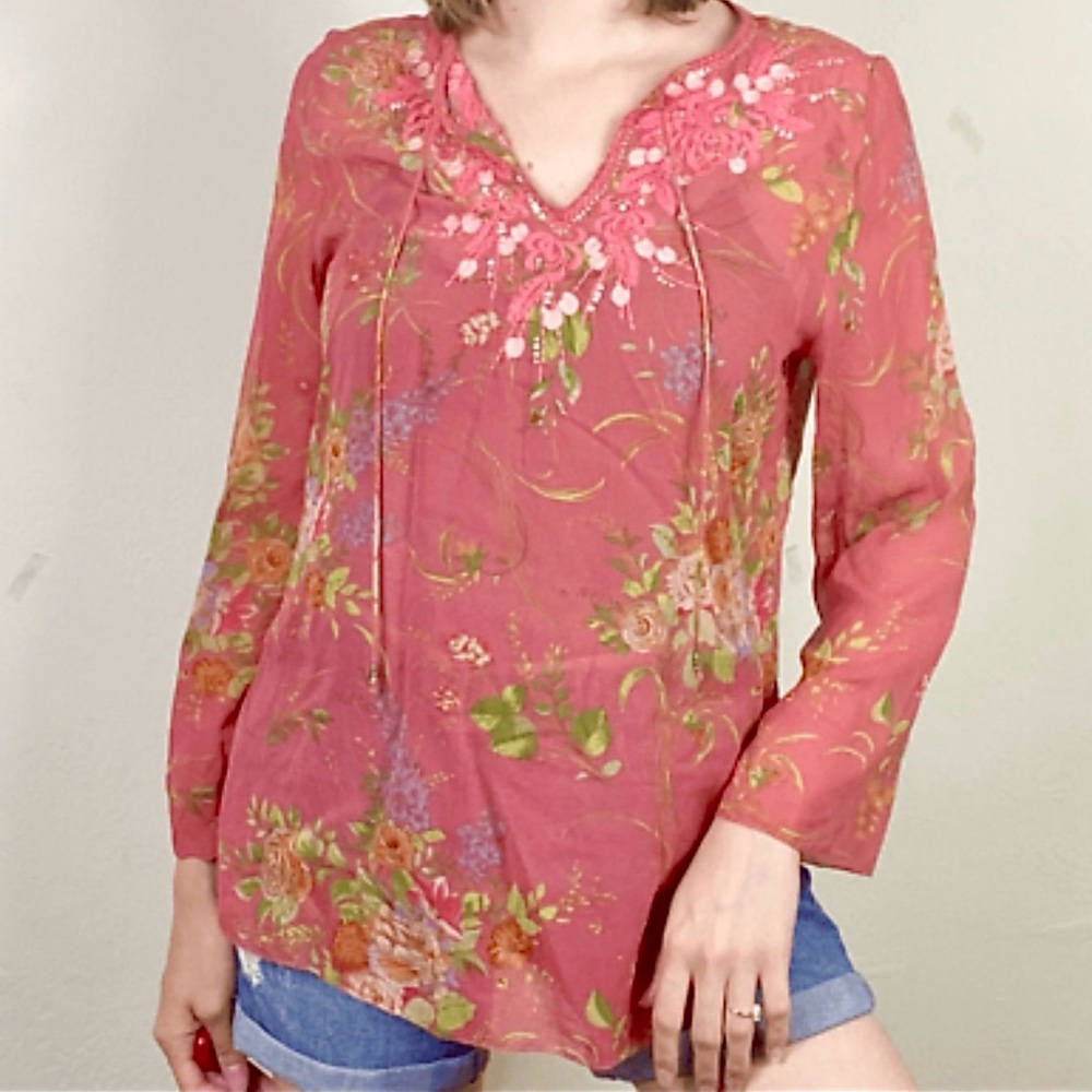 CAbi Silk Sequin Floral Print Tunic Blouse